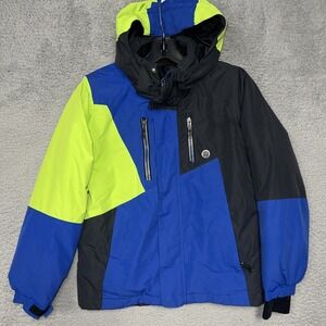 Noize Puffer Jacket Youth Size S Blue Black Green Color Block Hooded Insulated